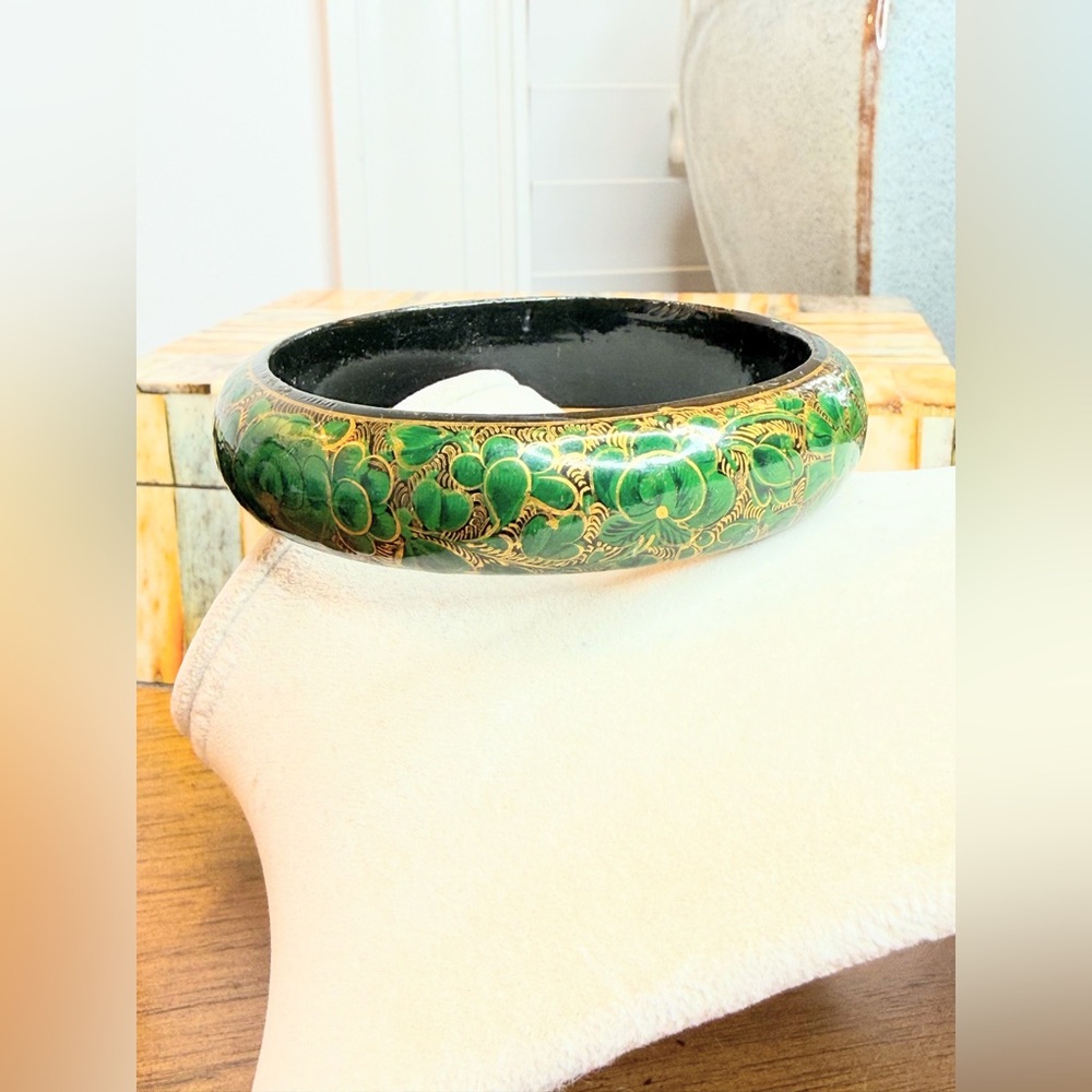 Vintage Russian Lacquer Wood Bangle Green Floral Hand Painted Bracelet